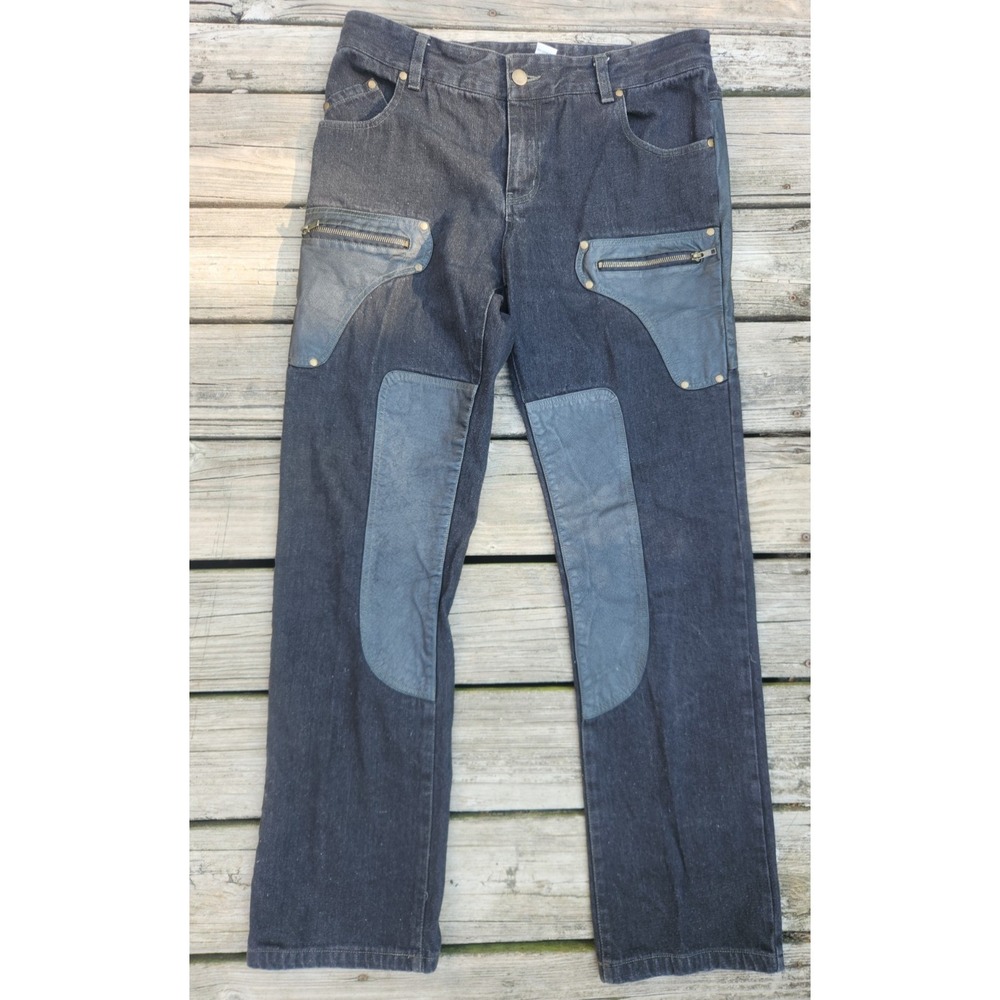 P.O.V. Men's Jeans Denim and Leather Y2K Zippers Black Faux pockets Size 36 x 32